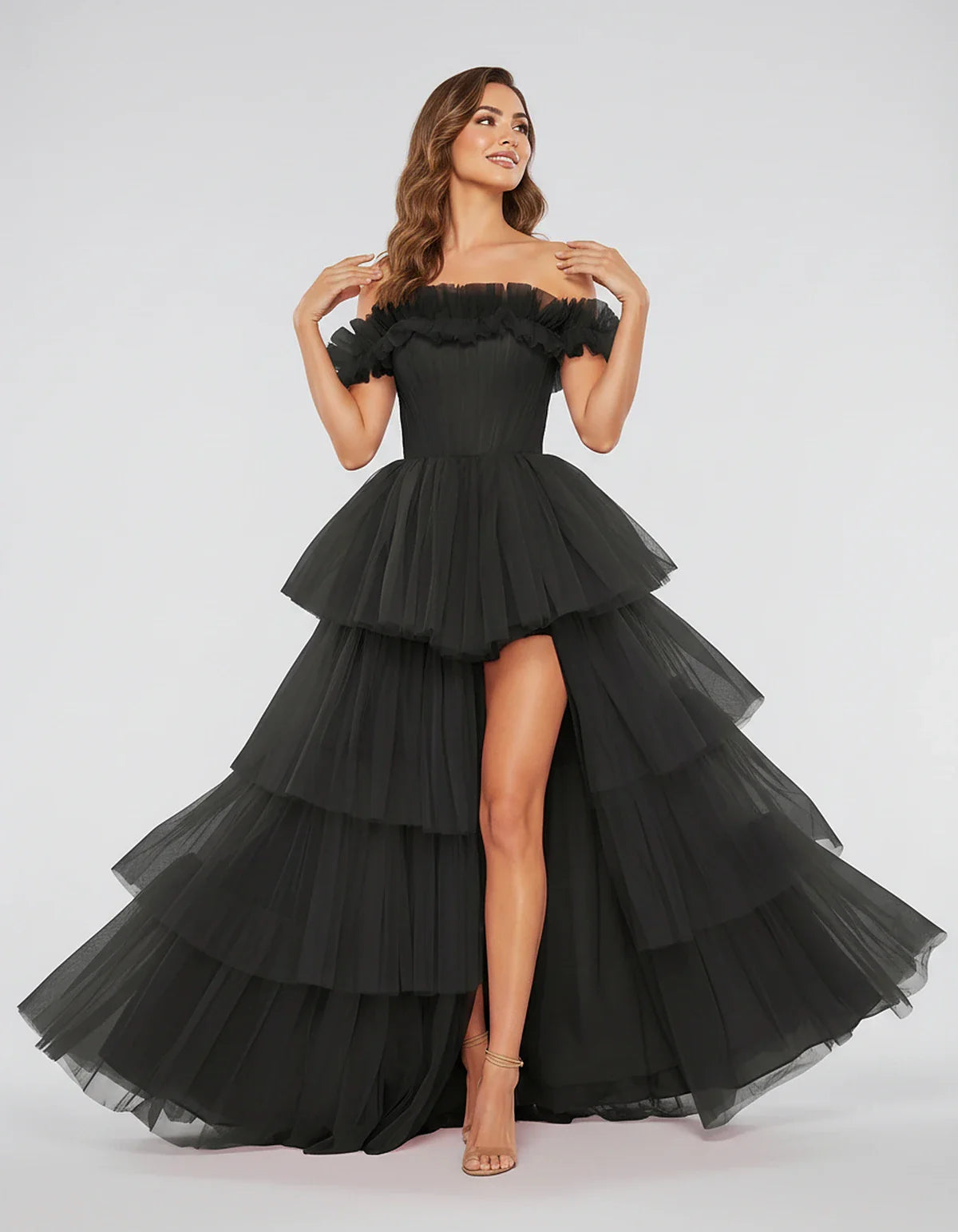 Tulle Off-Shoulder Ruffle Sleeve A-Line Maxi Dress for Party, Cocktail, Evening, Wedding Guest, Prom & Summer Events, front v | SKU: CMD-581473920684157-BLACK-L,CMD-581473920684157-BLACK-M,CMD-581473920684157-BLACK-S,CMD-581473920684157-BLACK-XL,CMD-581473920684157-BLACK-XS
