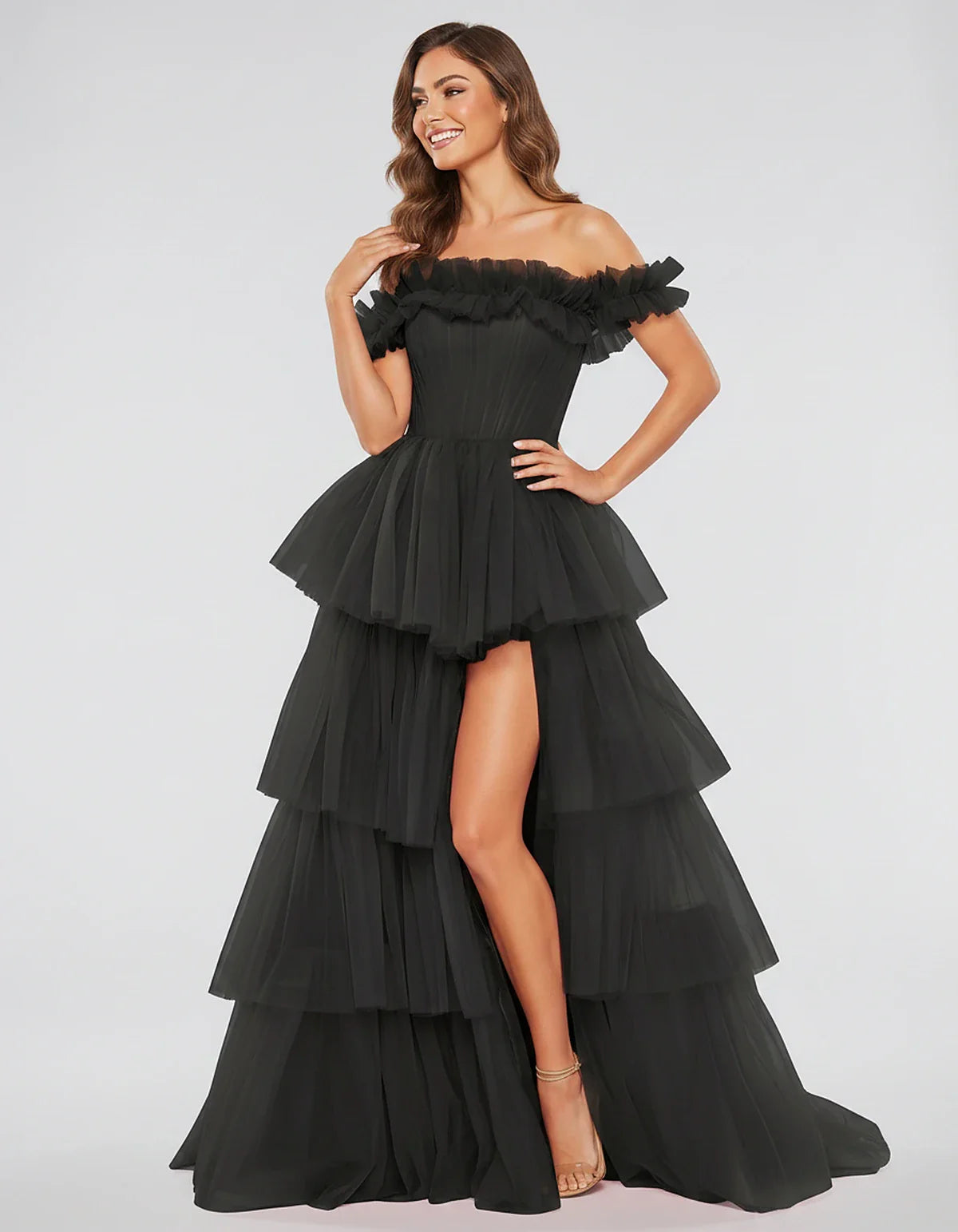 Tulle Off-Shoulder Ruffle Sleeve A-Line Maxi Dress for Party, Cocktail, Evening, Wedding Guest, Prom & Summer Events, front v | SKU: CMD-581473920684157-BLACK-L,CMD-581473920684157-BLACK-M,CMD-581473920684157-BLACK-S,CMD-581473920684157-BLACK-XL,CMD-581473920684157-BLACK-XS