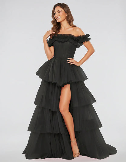 Tulle Off-Shoulder Ruffle Sleeve A-Line Maxi Dress for Party, Cocktail, Evening, Wedding Guest, Prom & Summer Events, front v | SKU: CMD-581473920684157-BLACK-L,CMD-581473920684157-BLACK-M,CMD-581473920684157-BLACK-S,CMD-581473920684157-BLACK-XL,CMD-581473920684157-BLACK-XS