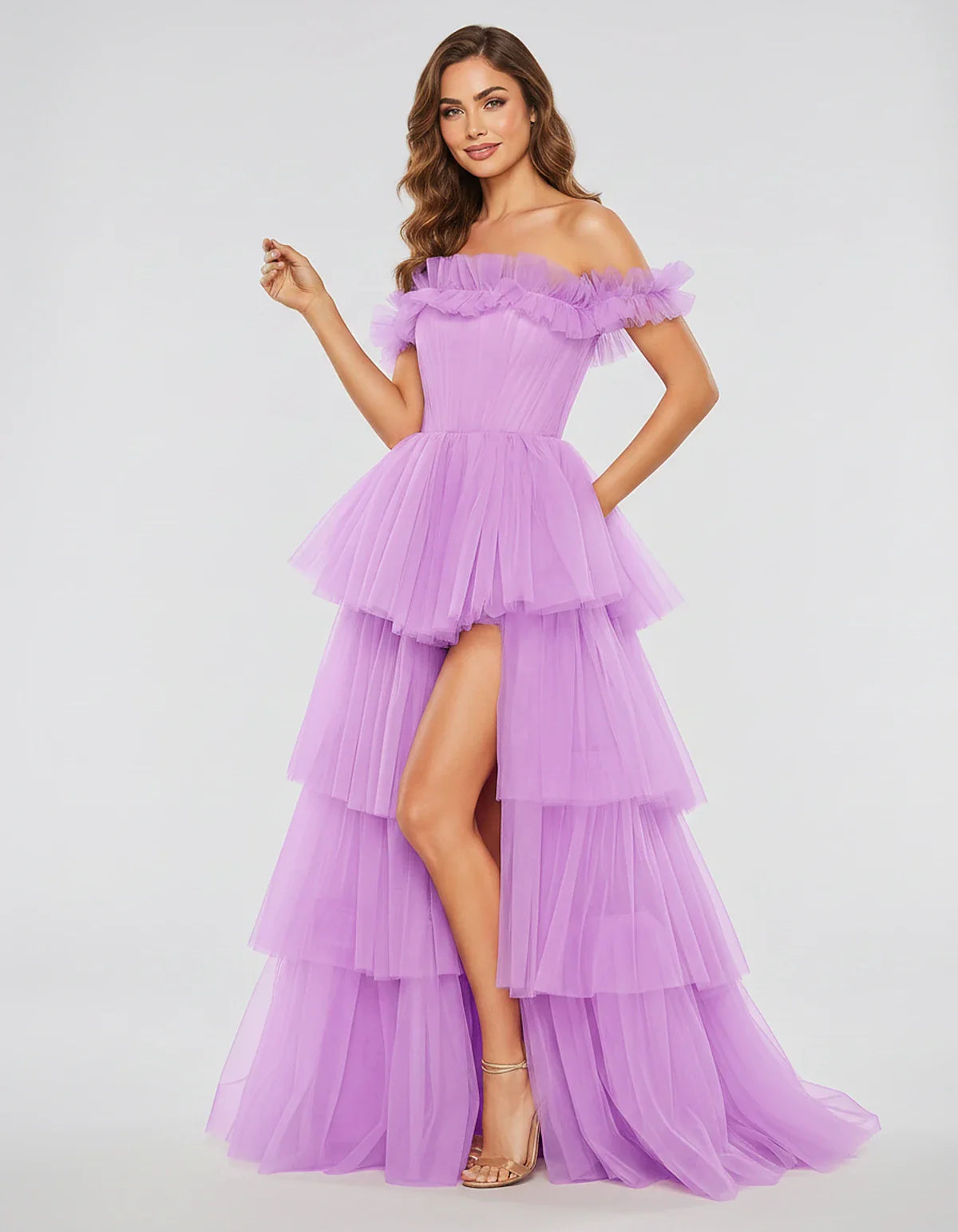 Tulle Off-Shoulder Ruffle Sleeve A-Line Maxi Dress for Party, Cocktail, Evening, Wedding Guest, Prom & Summer Events, front v | SKU: CMD-581473920684157-LAVENDER-L,CMD-581473920684157-LAVENDER-M,CMD-581473920684157-LAVENDER-S,CMD-581473920684157-LAVENDER-XL,CMD-581473920684157-LAVENDER-XS