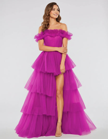 Tulle Off-Shoulder Ruffle Sleeve A-Line Maxi Dress for Party, Cocktail, Evening, Wedding Guest, Prom & Summer Events, front v | SKU: CMD-581473920684157-FUCHSIA-L,CMD-581473920684157-FUCHSIA-M,CMD-581473920684157-FUCHSIA-S,CMD-581473920684157-FUCHSIA-XL,CMD-581473920684157-FUCHSIA-XS