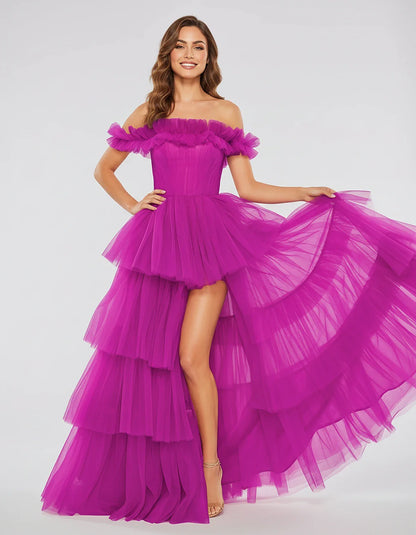 Tulle Off-Shoulder Ruffle Sleeve A-Line Maxi Dress for Party, Cocktail, Evening, Wedding Guest, Prom & Summer Events, front v | SKU: CMD-581473920684157-FUCHSIA-L,CMD-581473920684157-FUCHSIA-M,CMD-581473920684157-FUCHSIA-S,CMD-581473920684157-FUCHSIA-XL,CMD-581473920684157-FUCHSIA-XS