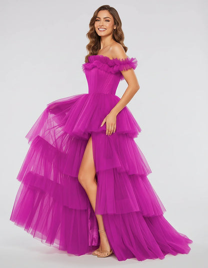 Tulle Off-Shoulder Ruffle Sleeve A-Line Maxi Dress for Party, Cocktail, Evening, Wedding Guest, Prom & Summer Events, side vi | SKU: CMD-581473920684157-FUCHSIA-L,CMD-581473920684157-FUCHSIA-M,CMD-581473920684157-FUCHSIA-S,CMD-581473920684157-FUCHSIA-XL,CMD-581473920684157-FUCHSIA-XS