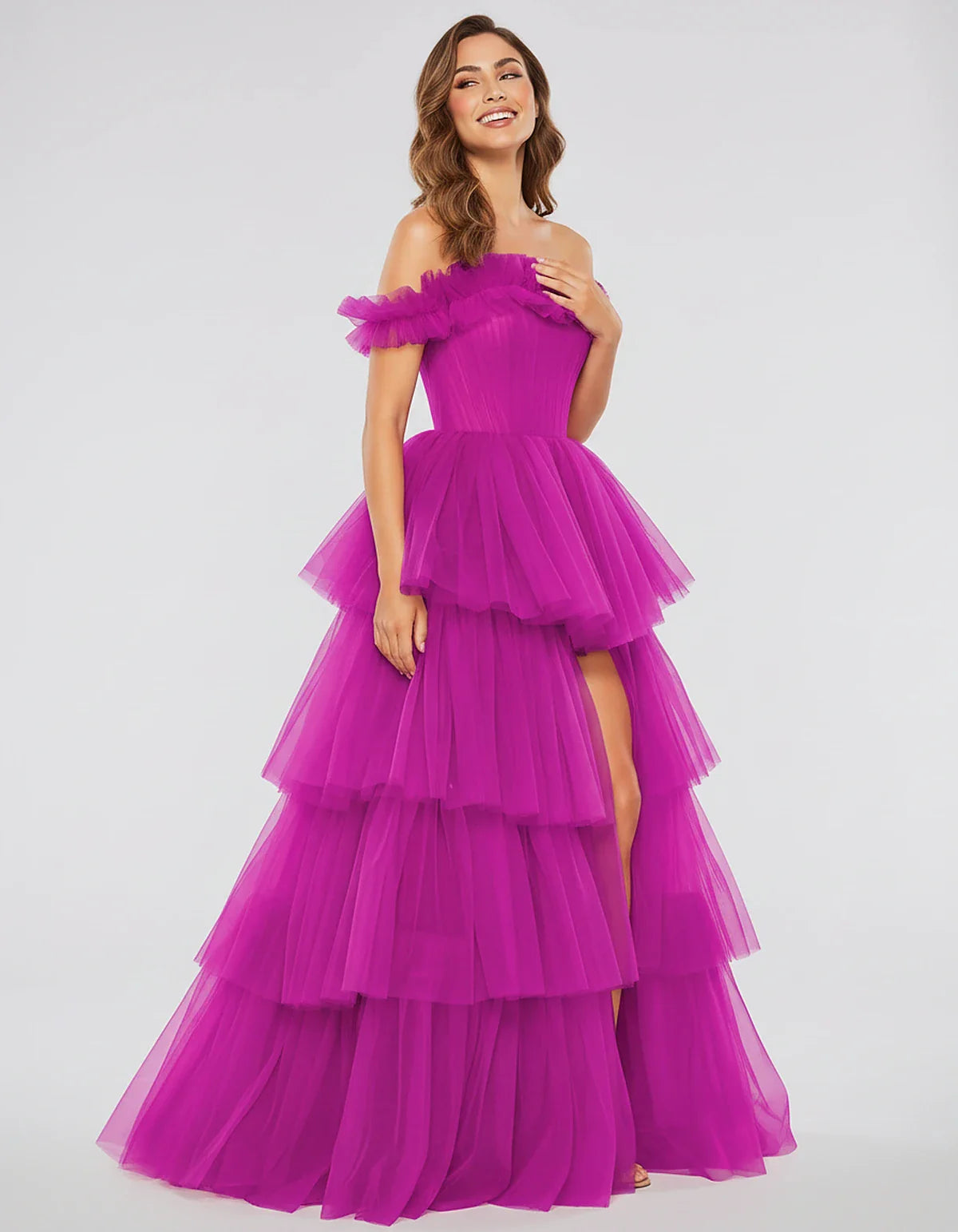 Tulle Off-Shoulder Ruffle Sleeve A-Line Maxi Dress for Party, Cocktail, Evening, Wedding Guest, Prom & Summer Events, side vi | SKU: CMD-581473920684157-FUCHSIA-L,CMD-581473920684157-FUCHSIA-M,CMD-581473920684157-FUCHSIA-S,CMD-581473920684157-FUCHSIA-XL,CMD-581473920684157-FUCHSIA-XS