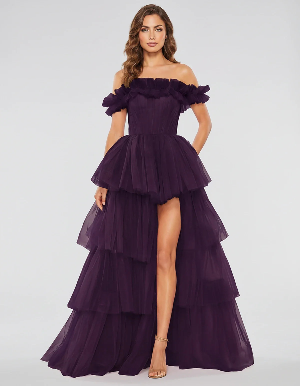 Tulle Off-Shoulder Ruffle Sleeve A-Line Maxi Dress for Party, Cocktail, Evening, Wedding Guest, Prom & Summer Events in Purpl