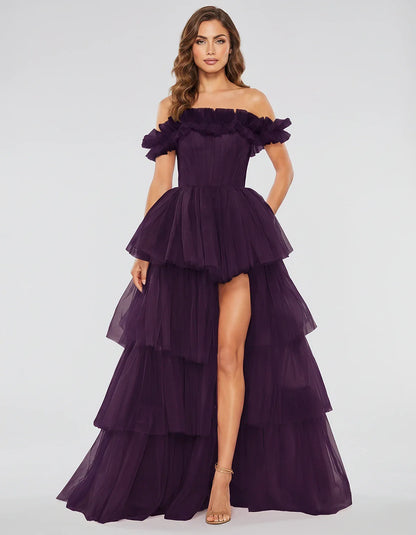 Tulle Off-Shoulder Ruffle Sleeve A-Line Maxi Dress for Party, Cocktail, Evening, Wedding Guest, Prom & Summer Events in Purpl