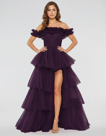 Tulle Off-Shoulder Ruffle Sleeve A-Line Maxi Dress for Party, Cocktail, Evening, Wedding Guest, Prom & Summer Events, front v | SKU: CMD-581473920684157-PURPLE-L,CMD-581473920684157-PURPLE-M,CMD-581473920684157-PURPLE-S,CMD-581473920684157-PURPLE-XL,CMD-581473920684157-PURPLE-XS