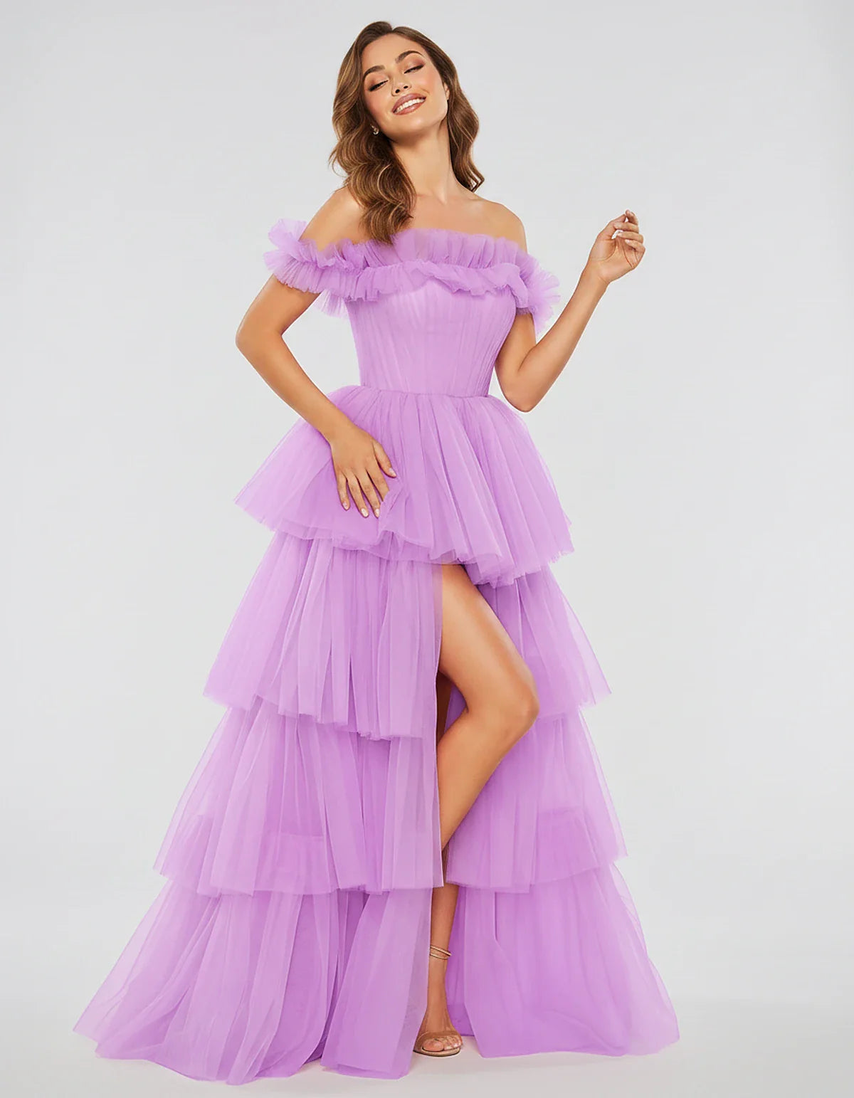 Tulle Off-Shoulder Ruffle Sleeve A-Line Maxi Dress for Party, Cocktail, Evening, Wedding Guest, Prom & Summer Events, front v | SKU: CMD-581473920684157-LAVENDER-L,CMD-581473920684157-LAVENDER-M,CMD-581473920684157-LAVENDER-S,CMD-581473920684157-LAVENDER-XL,CMD-581473920684157-LAVENDER-XS