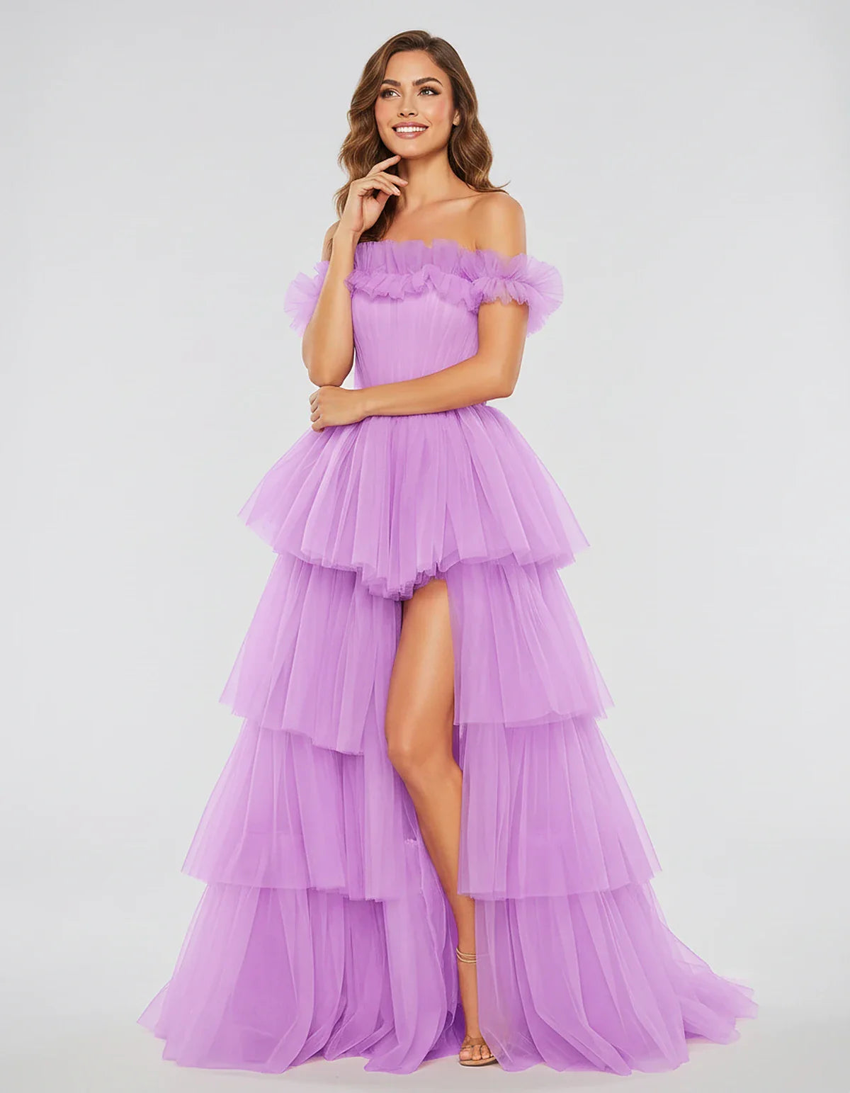 Tulle Off-Shoulder Ruffle Sleeve A-Line Maxi Dress for Party, Cocktail, Evening, Wedding Guest, Prom & Summer Events, front v | SKU: CMD-581473920684157-LAVENDER-L,CMD-581473920684157-LAVENDER-M,CMD-581473920684157-LAVENDER-S,CMD-581473920684157-LAVENDER-XL,CMD-581473920684157-LAVENDER-XS