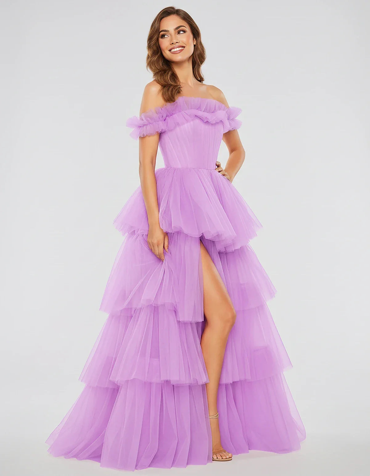 Tulle Off-Shoulder Ruffle Sleeve A-Line Maxi Dress for Party, Cocktail, Evening, Wedding Guest, Prom & Summer Events, front v | SKU: CMD-581473920684157-LAVENDER-L,CMD-581473920684157-LAVENDER-M,CMD-581473920684157-LAVENDER-S,CMD-581473920684157-LAVENDER-XL,CMD-581473920684157-LAVENDER-XS