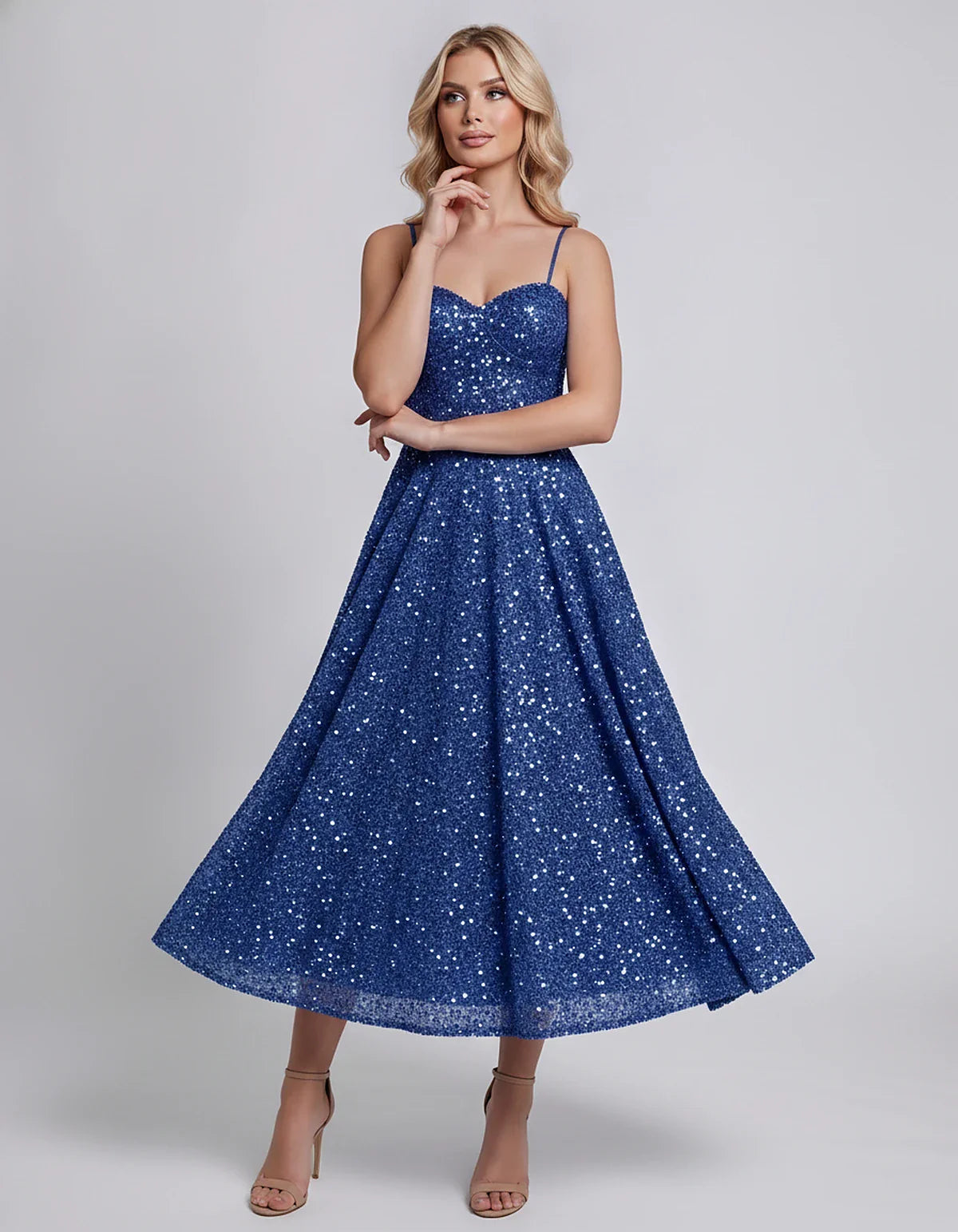 Sequin Spaghetti Strap Sweetheart A-Line Midi Dress with Pockets for Party, Cocktail, Evening, Wedding Guest, Graduation & Su | SKU: CLD-739582046193857-BLUE-L,CLD-739582046193857-BLUE-M,CLD-739582046193857-BLUE-S,CLD-739582046193857-BLUE-XL,CLD-739582046193857-BLUE-XS