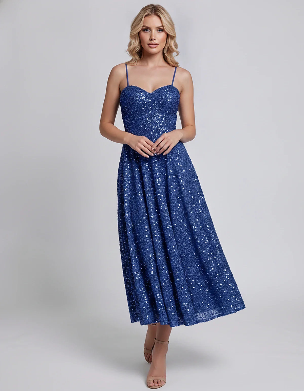 Sequin Spaghetti Strap Sweetheart A-Line Midi Dress with Pockets for Party, Cocktail, Evening, Wedding Guest, Graduation & Su | SKU: CLD-739582046193857-BLUE-L,CLD-739582046193857-BLUE-M,CLD-739582046193857-BLUE-S,CLD-739582046193857-BLUE-XL,CLD-739582046193857-BLUE-XS
