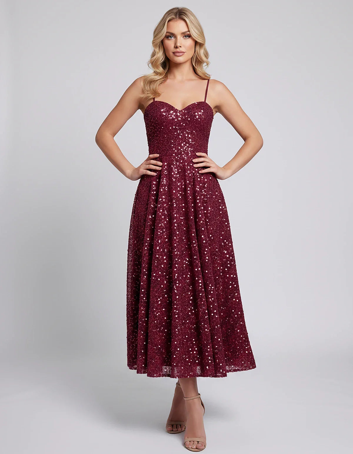 Sequin Spaghetti Strap Sweetheart A-Line Midi Dress with Pockets for Party, Cocktail, Evening, Wedding Guest, Graduation & Su | SKU: CLD-739582046193857-BURGUNDY-L,CLD-739582046193857-BURGUNDY-M,CLD-739582046193857-BURGUNDY-S,CLD-739582046193857-BURGUNDY-XL,CLD-739582046193857-BURGUNDY-XS