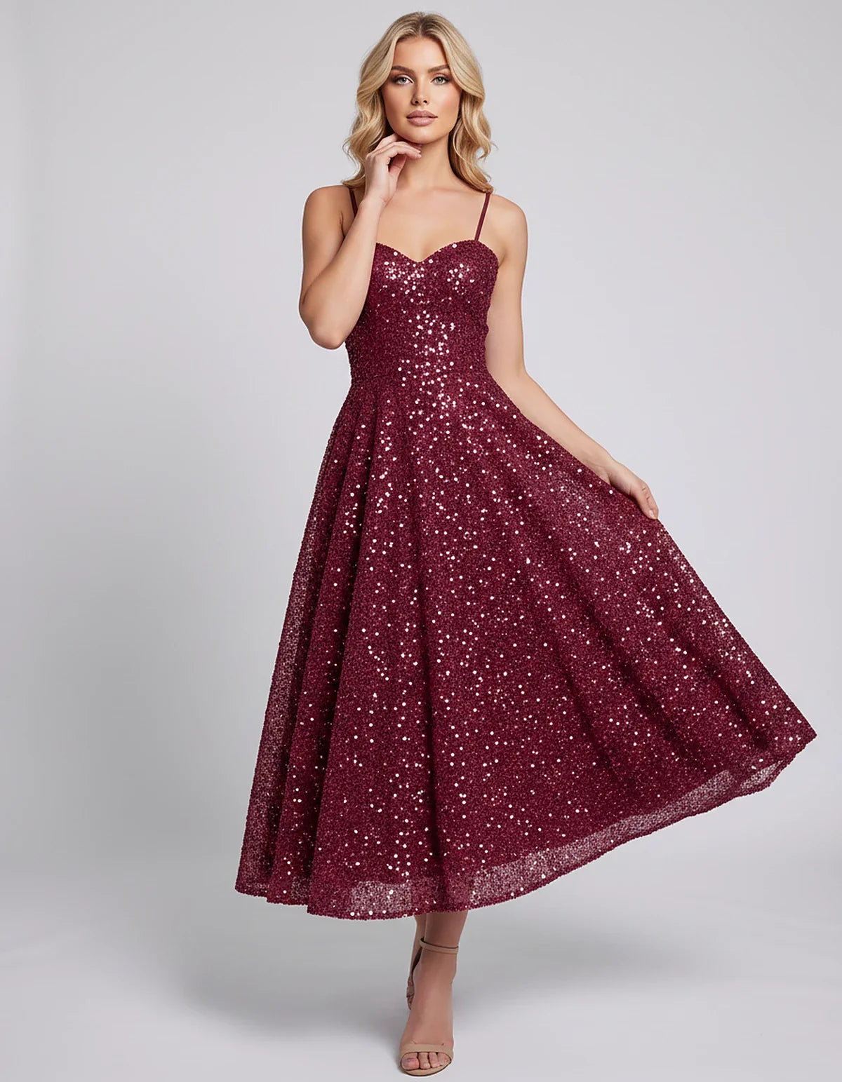 Sequin Spaghetti Strap Sweetheart A-Line Midi Dress with Pockets for Party, Cocktail, Evening, Wedding Guest, Graduation & Su | SKU: CLD-739582046193857-BURGUNDY-L,CLD-739582046193857-BURGUNDY-M,CLD-739582046193857-BURGUNDY-S,CLD-739582046193857-BURGUNDY-XL,CLD-739582046193857-BURGUNDY-XS