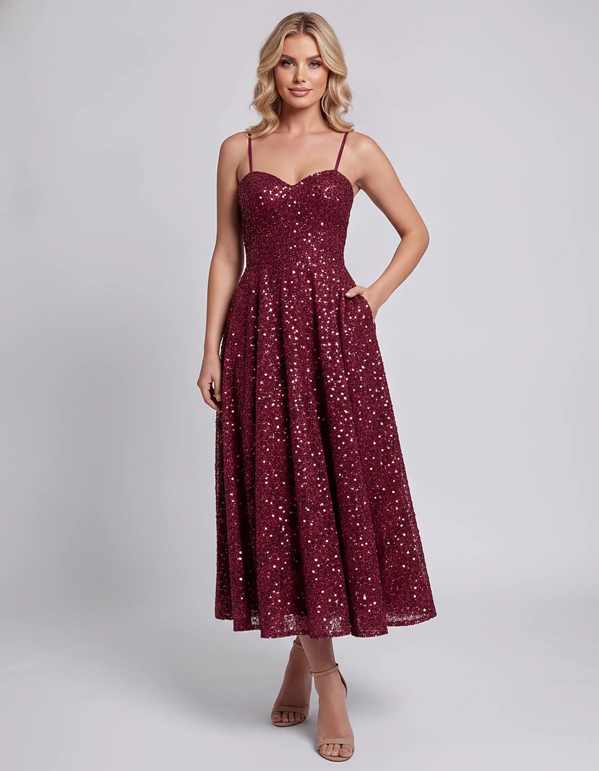 Sequin Spaghetti Strap Sweetheart A-Line Midi Dress with Pockets for Party, Cocktail, Evening, Wedding Guest, Graduation & Su | SKU: CLD-739582046193857-BURGUNDY-L,CLD-739582046193857-BURGUNDY-M,CLD-739582046193857-BURGUNDY-S,CLD-739582046193857-BURGUNDY-XL,CLD-739582046193857-BURGUNDY-XS