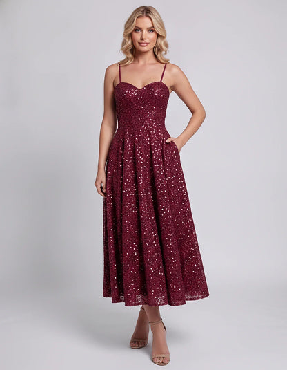 Sequin Spaghetti Strap Sweetheart A-Line Midi Dress with Pockets for Party, Cocktail, Evening, Wedding Guest, Graduation & Su | SKU: CLD-739582046193857-BURGUNDY-L,CLD-739582046193857-BURGUNDY-M,CLD-739582046193857-BURGUNDY-S,CLD-739582046193857-BURGUNDY-XL,CLD-739582046193857-BURGUNDY-XS