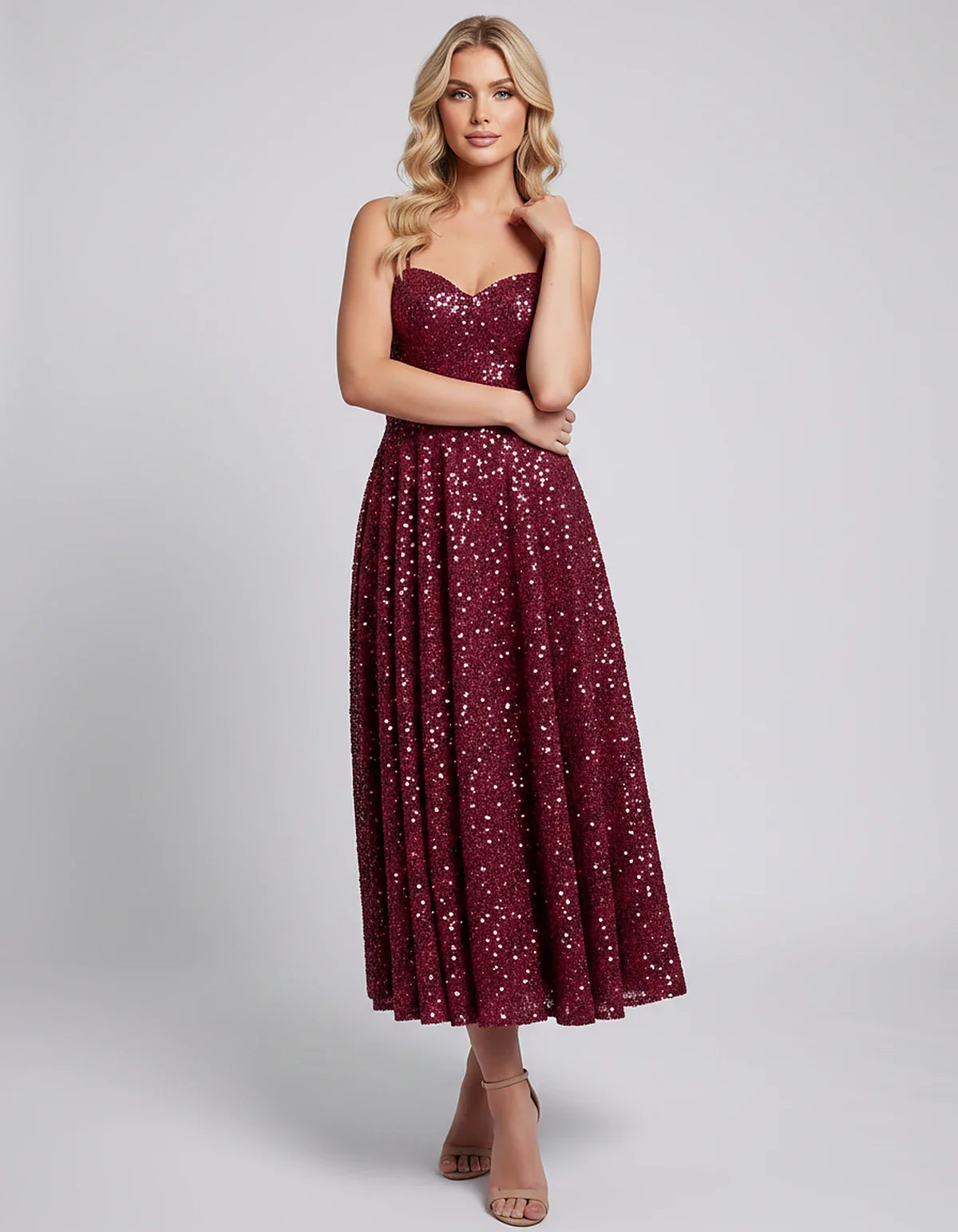Sequin Spaghetti Strap Sweetheart A-Line Midi Dress with Pockets for Party, Cocktail, Evening, Wedding Guest, Graduation & Su | SKU: CLD-739582046193857-BURGUNDY-L,CLD-739582046193857-BURGUNDY-M,CLD-739582046193857-BURGUNDY-S,CLD-739582046193857-BURGUNDY-XL,CLD-739582046193857-BURGUNDY-XS