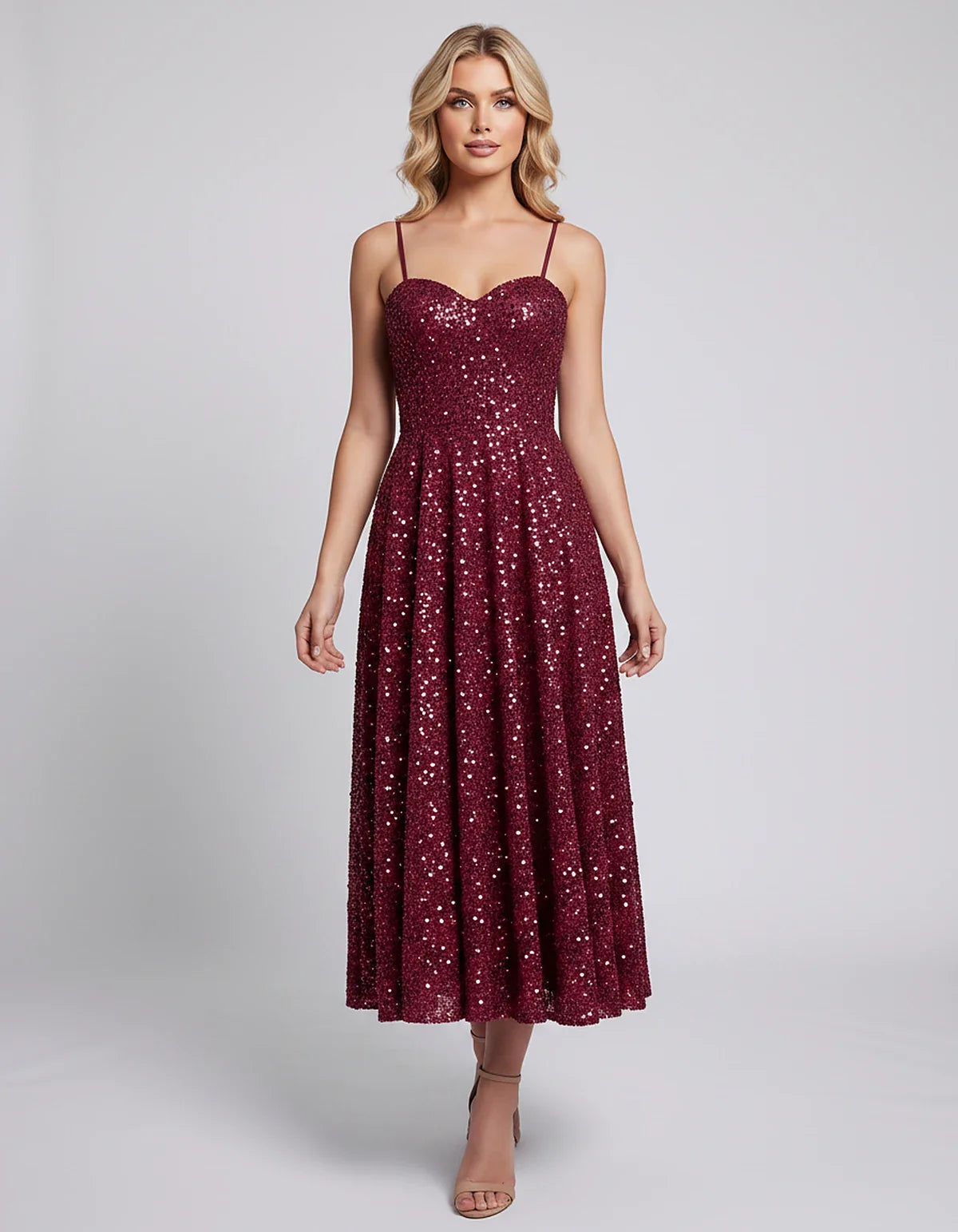 Sequin Spaghetti Strap Sweetheart A-Line Midi Dress with Pockets for Party, Cocktail, Evening, Wedding Guest, Graduation & Su | SKU: CLD-739582046193857-BURGUNDY-L,CLD-739582046193857-BURGUNDY-M,CLD-739582046193857-BURGUNDY-S,CLD-739582046193857-BURGUNDY-XL,CLD-739582046193857-BURGUNDY-XS