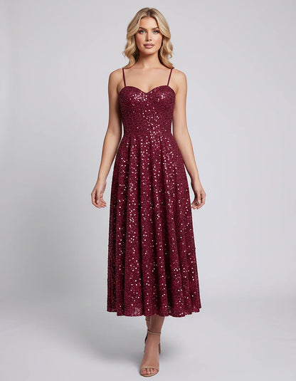 Sequin Spaghetti Strap Sweetheart A-Line Midi Dress with Pockets for Party, Cocktail, Evening, Wedding Guest, Graduation & Su | SKU: CLD-739582046193857-BURGUNDY-L,CLD-739582046193857-BURGUNDY-M,CLD-739582046193857-BURGUNDY-S,CLD-739582046193857-BURGUNDY-XL,CLD-739582046193857-BURGUNDY-XS