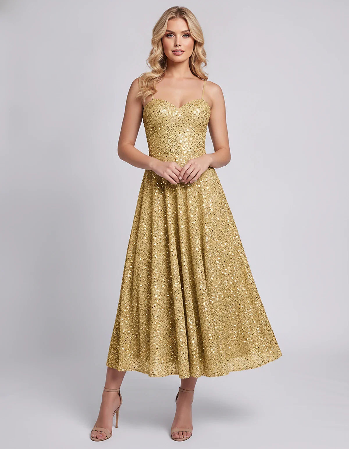 Sequin Spaghetti Strap Sweetheart A-Line Midi Dress with Pockets for Party, Cocktail, Evening, Wedding Guest, Graduation & Su | SKU: CLD-739582046193857-GOLD-L,CLD-739582046193857-GOLD-M,CLD-739582046193857-GOLD-S,CLD-739582046193857-GOLD-XL,CLD-739582046193857-GOLD-XS