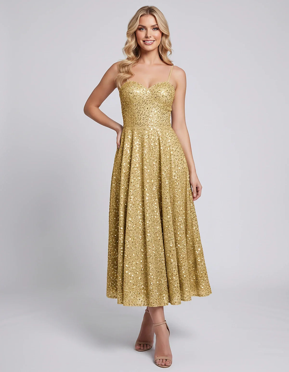 Sequin Spaghetti Strap Sweetheart A-Line Midi Dress with Pockets for Party, Cocktail, Evening, Wedding Guest, Graduation & Su | SKU: CLD-739582046193857-GOLD-L,CLD-739582046193857-GOLD-M,CLD-739582046193857-GOLD-S,CLD-739582046193857-GOLD-XL,CLD-739582046193857-GOLD-XS