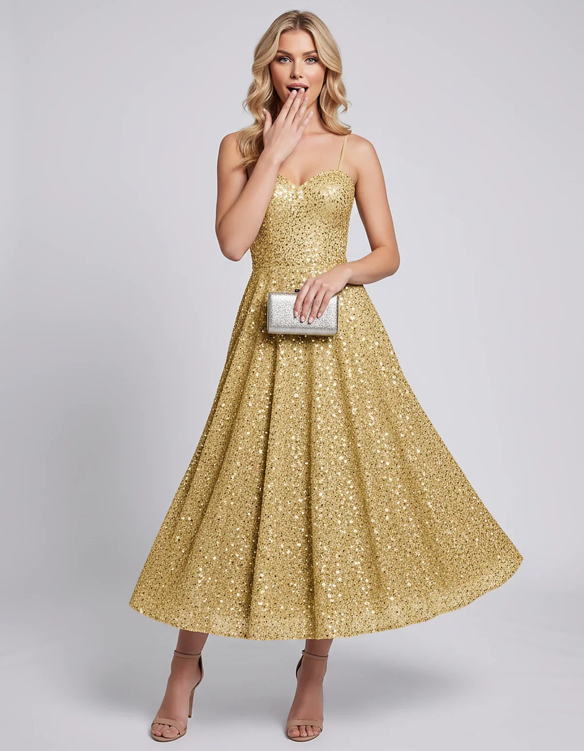 Sequin Spaghetti Strap Sweetheart A-Line Midi Dress with Pockets for Party, Cocktail, Evening, Wedding Guest, Graduation & Su | SKU: CLD-739582046193857-GOLD-L,CLD-739582046193857-GOLD-M,CLD-739582046193857-GOLD-S,CLD-739582046193857-GOLD-XL,CLD-739582046193857-GOLD-XS