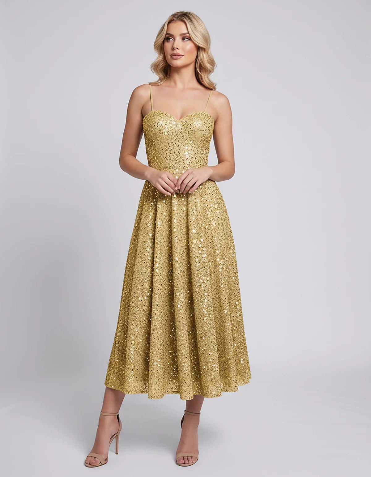 Sequin Spaghetti Strap Sweetheart A-Line Midi Dress with Pockets for Party, Cocktail, Evening, Wedding Guest, Graduation & Su | SKU: CLD-739582046193857-GOLD-L,CLD-739582046193857-GOLD-M,CLD-739582046193857-GOLD-S,CLD-739582046193857-GOLD-XL,CLD-739582046193857-GOLD-XS
