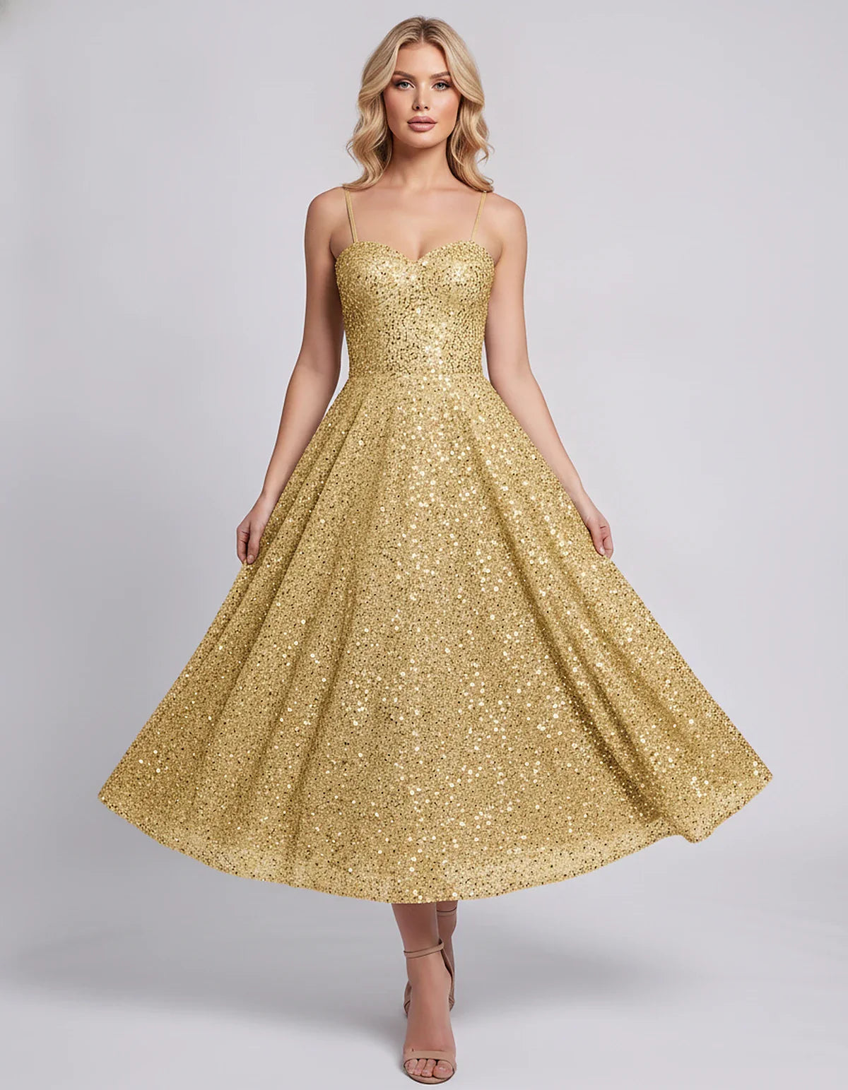 Sequin Spaghetti Strap Sweetheart A-Line Midi Dress with Pockets for Party, Cocktail, Evening, Wedding Guest, Graduation & Su | SKU: CLD-739582046193857-GOLD-L,CLD-739582046193857-GOLD-M,CLD-739582046193857-GOLD-S,CLD-739582046193857-GOLD-XL,CLD-739582046193857-GOLD-XS