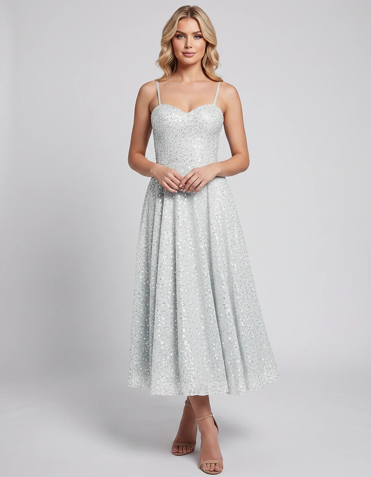 Sequin Spaghetti Strap Sweetheart A-Line Midi Dress with Pockets for Party, Cocktail, Evening, Wedding Guest, Graduation & Su | SKU: CLD-739582046193857-IVORY-L,CLD-739582046193857-IVORY-M,CLD-739582046193857-IVORY-S,CLD-739582046193857-IVORY-XL,CLD-739582046193857-IVORY-XS