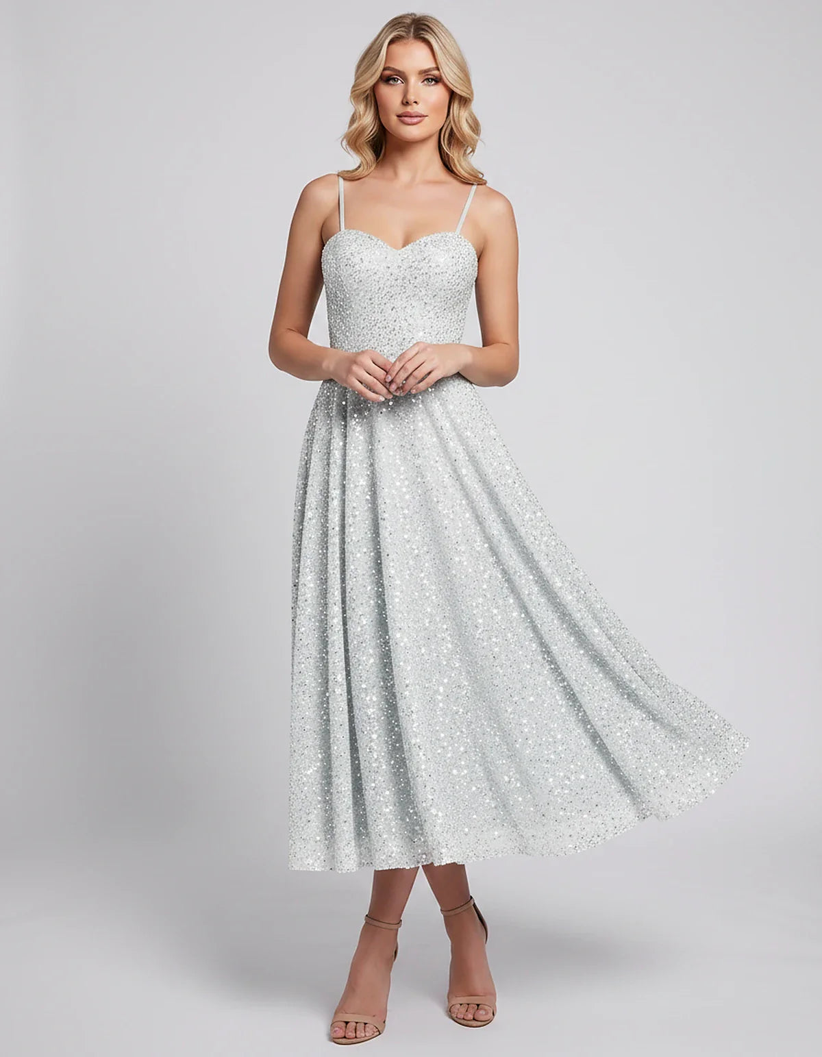 Sequin Spaghetti Strap Sweetheart A-Line Midi Dress with Pockets for Party, Cocktail, Evening, Wedding Guest, Graduation & Su | SKU: CLD-739582046193857-IVORY-L,CLD-739582046193857-IVORY-M,CLD-739582046193857-IVORY-S,CLD-739582046193857-IVORY-XL,CLD-739582046193857-IVORY-XS