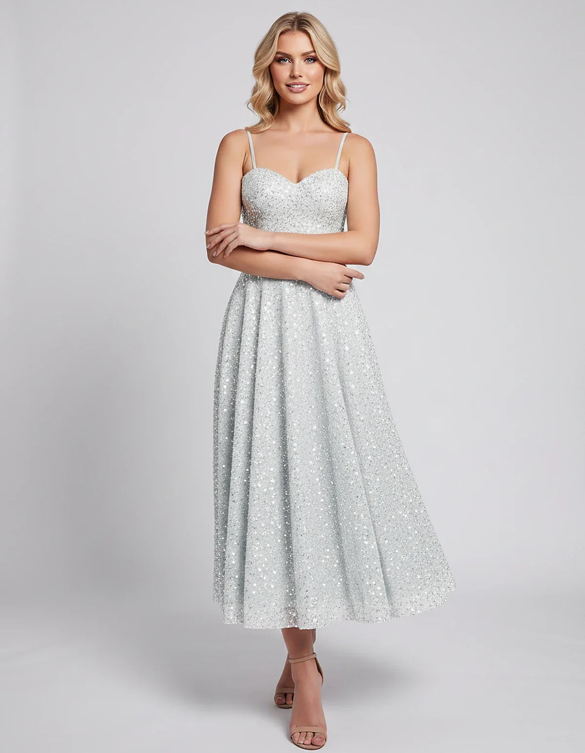 Sequin Spaghetti Strap Sweetheart A-Line Midi Dress with Pockets for Party, Cocktail, Evening, Wedding Guest, Graduation & Su | SKU: CLD-739582046193857-IVORY-L,CLD-739582046193857-IVORY-M,CLD-739582046193857-IVORY-S,CLD-739582046193857-IVORY-XL,CLD-739582046193857-IVORY-XS