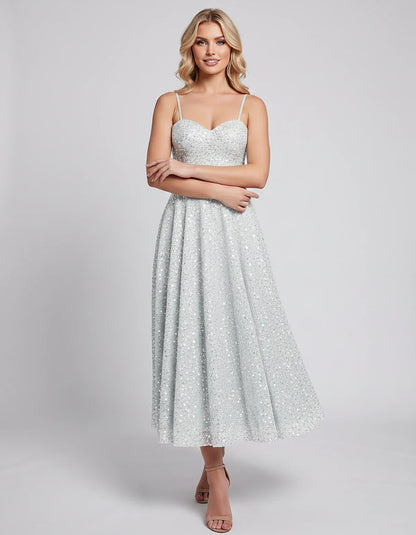 Sequin Spaghetti Strap Sweetheart A-Line Midi Dress with Pockets for Party, Cocktail, Evening, Wedding Guest, Graduation & Su | SKU: CLD-739582046193857-IVORY-L,CLD-739582046193857-IVORY-M,CLD-739582046193857-IVORY-S,CLD-739582046193857-IVORY-XL,CLD-739582046193857-IVORY-XS