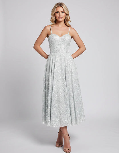 Sequin Spaghetti Strap Sweetheart A-Line Midi Dress with Pockets for Party, Cocktail, Evening, Wedding Guest, Graduation & Su | SKU: CLD-739582046193857-IVORY-L,CLD-739582046193857-IVORY-M,CLD-739582046193857-IVORY-S,CLD-739582046193857-IVORY-XL,CLD-739582046193857-IVORY-XS