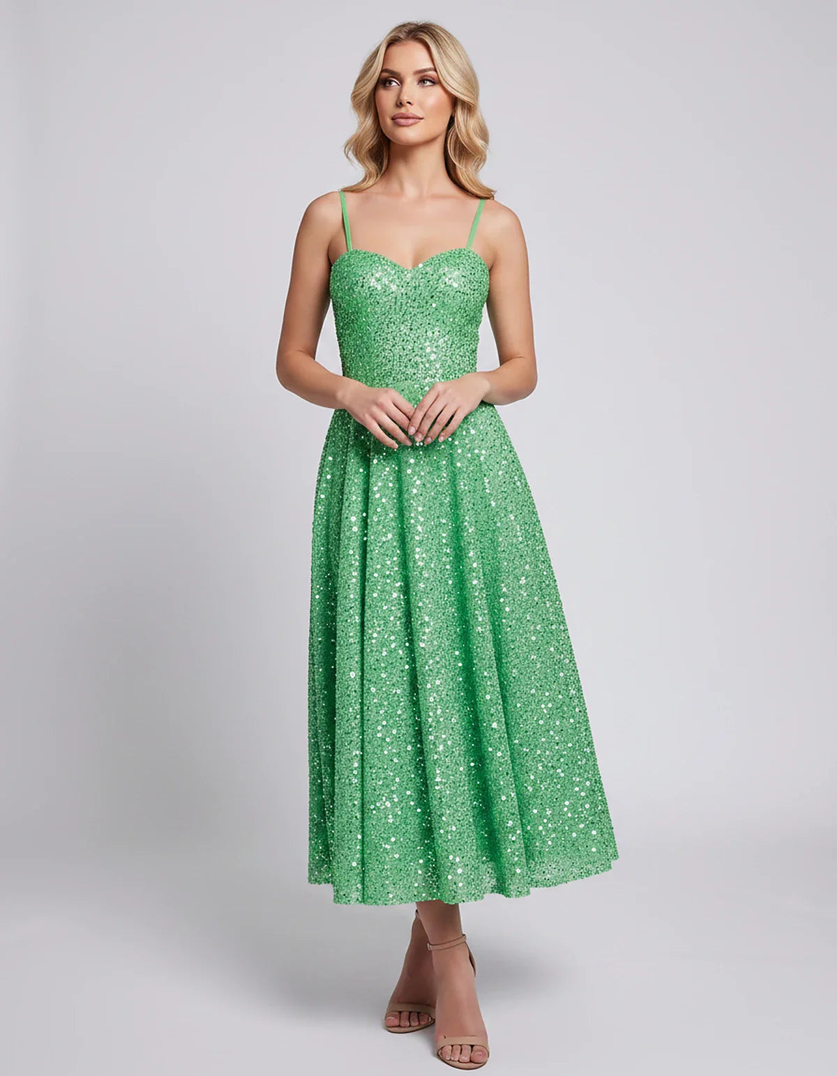 Sequin Spaghetti Strap Sweetheart A-Line Midi Dress with Pockets for Party, Cocktail, Evening, Wedding Guest, Graduation & Su | SKU: CLD-739582046193857-GREEN-L,CLD-739582046193857-GREEN-M,CLD-739582046193857-GREEN-S,CLD-739582046193857-GREEN-XL,CLD-739582046193857-GREEN-XS