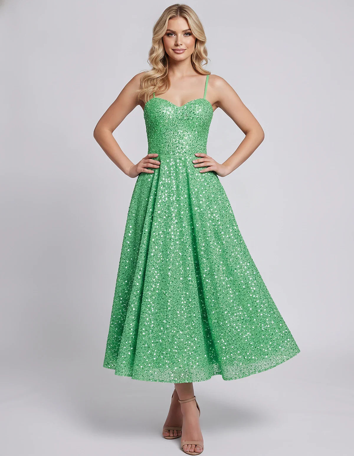 Sequin Spaghetti Strap Sweetheart A-Line Midi Dress with Pockets for Party, Cocktail, Evening, Wedding Guest, Graduation & Su | SKU: CLD-739582046193857-GREEN-L,CLD-739582046193857-GREEN-M,CLD-739582046193857-GREEN-S,CLD-739582046193857-GREEN-XL,CLD-739582046193857-GREEN-XS