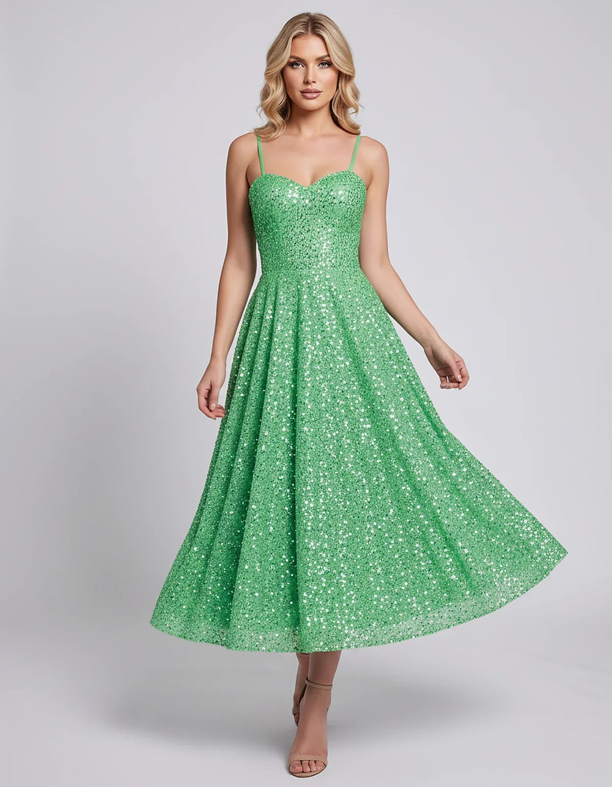 Sequin Spaghetti Strap Sweetheart A-Line Midi Dress with Pockets for Party, Cocktail, Evening, Wedding Guest, Graduation & Su | SKU: CLD-739582046193857-GREEN-L,CLD-739582046193857-GREEN-M,CLD-739582046193857-GREEN-S,CLD-739582046193857-GREEN-XL,CLD-739582046193857-GREEN-XS