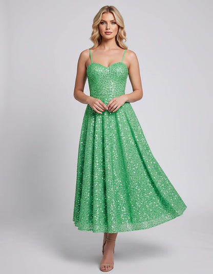Sequin Spaghetti Strap Sweetheart A-Line Midi Dress with Pockets for Party, Cocktail, Evening, Wedding Guest, Graduation & Su | SKU: CLD-739582046193857-GREEN-L,CLD-739582046193857-GREEN-M,CLD-739582046193857-GREEN-S,CLD-739582046193857-GREEN-XL,CLD-739582046193857-GREEN-XS