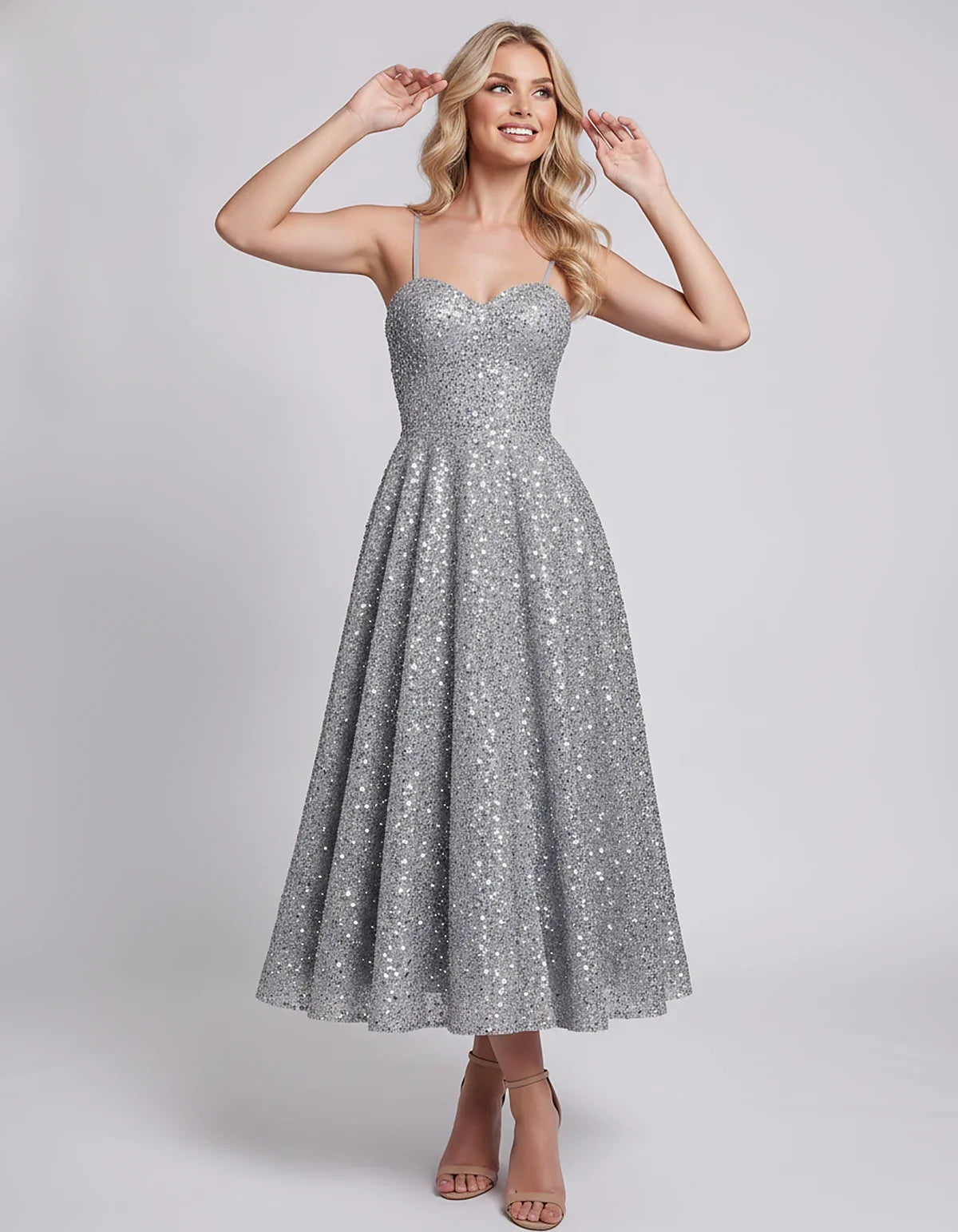 Sequin Spaghetti Strap Sweetheart A-Line Midi Dress with Pockets for Party, Cocktail, Evening, Wedding Guest, Graduation & Su | SKU: CLD-739582046193857-GREY-L,CLD-739582046193857-GREY-M,CLD-739582046193857-GREY-S,CLD-739582046193857-GREY-XL,CLD-739582046193857-GREY-XS
