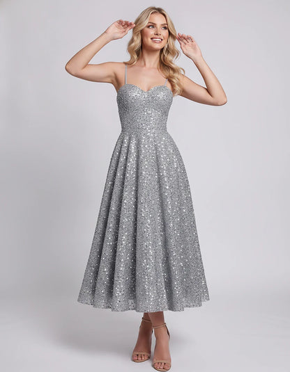 Sequin Spaghetti Strap Sweetheart A-Line Midi Dress with Pockets for Party, Cocktail, Evening, Wedding Guest, Graduation & Su | SKU: CLD-739582046193857-GREY-L,CLD-739582046193857-GREY-M,CLD-739582046193857-GREY-S,CLD-739582046193857-GREY-XL,CLD-739582046193857-GREY-XS