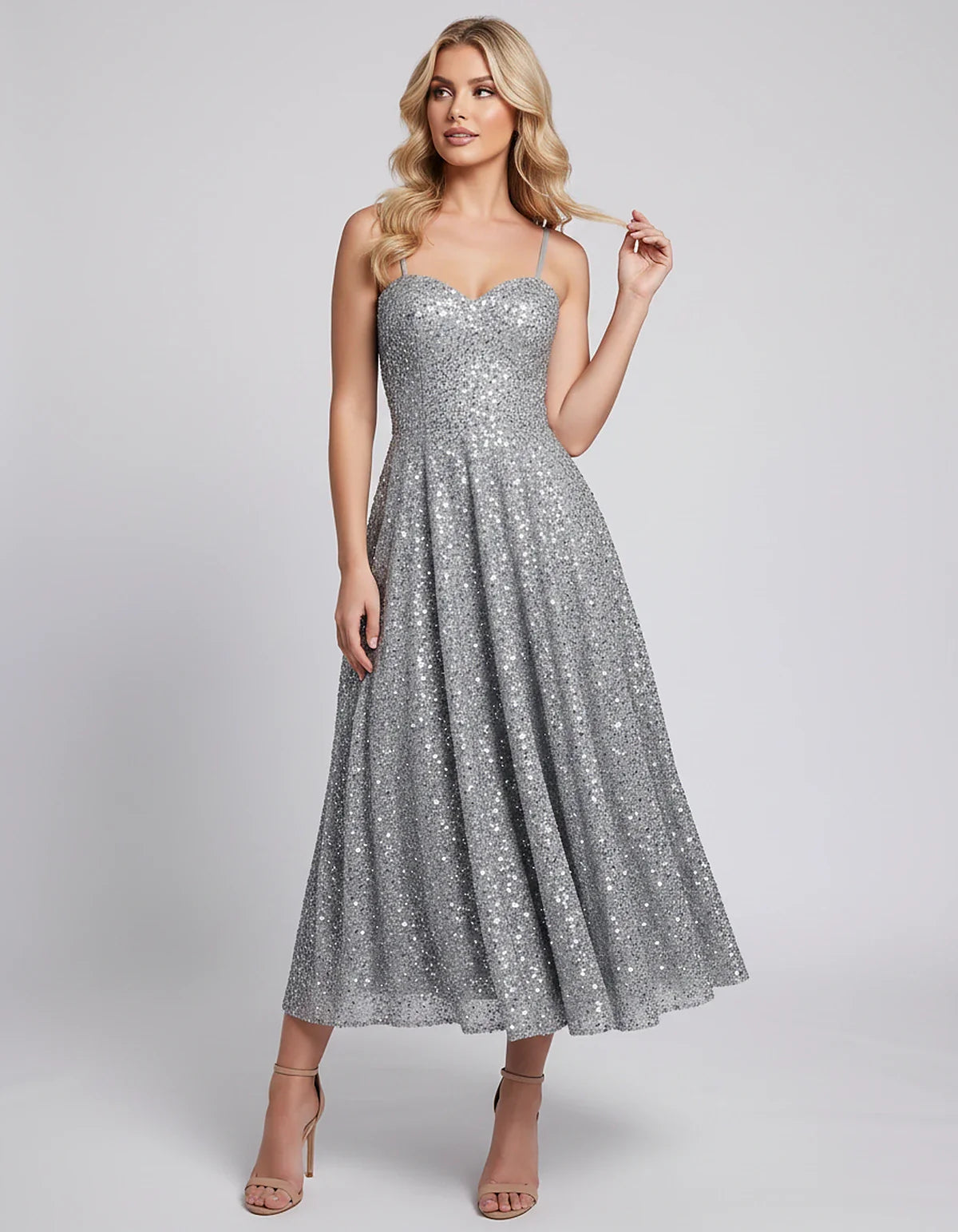 Sequin Spaghetti Strap Sweetheart A-Line Midi Dress with Pockets for Party, Cocktail, Evening, Wedding Guest, Graduation & Su | SKU: CLD-739582046193857-GREY-L,CLD-739582046193857-GREY-M,CLD-739582046193857-GREY-S,CLD-739582046193857-GREY-XL,CLD-739582046193857-GREY-XS