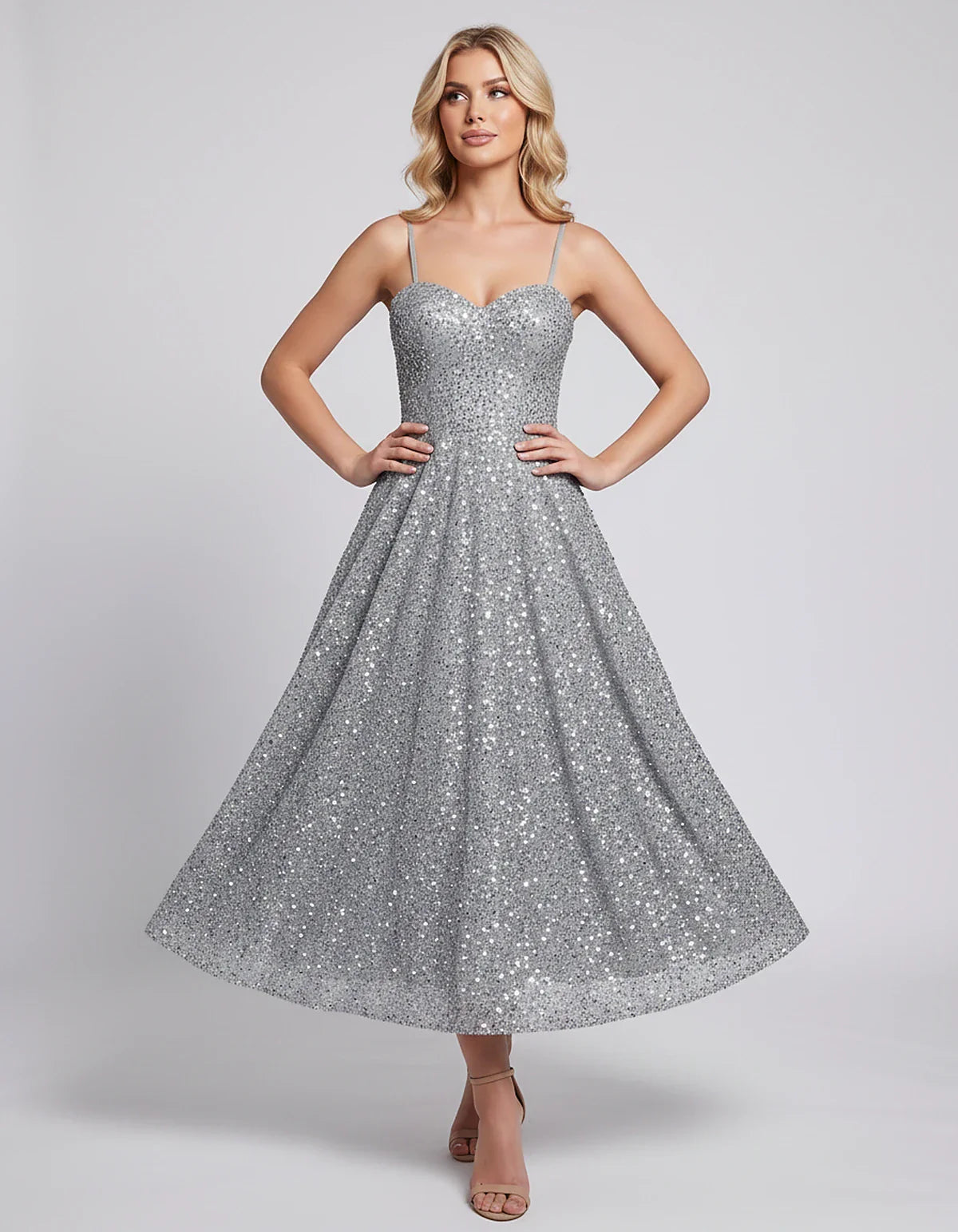 Sequin Spaghetti Strap Sweetheart A-Line Midi Dress with Pockets for Party, Cocktail, Evening, Wedding Guest, Graduation & Su | SKU: CLD-739582046193857-GREY-L,CLD-739582046193857-GREY-M,CLD-739582046193857-GREY-S,CLD-739582046193857-GREY-XL,CLD-739582046193857-GREY-XS