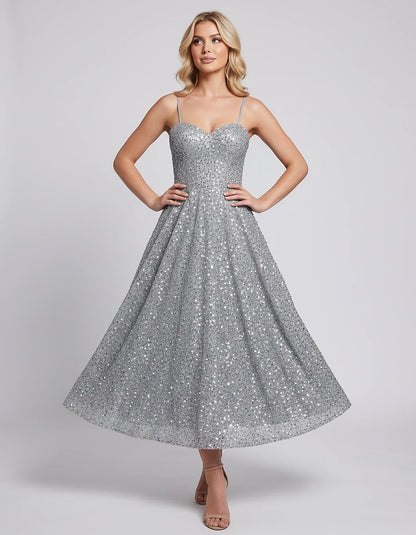 Sequin Spaghetti Strap Sweetheart A-Line Midi Dress with Pockets for Party, Cocktail, Evening, Wedding Guest, Graduation & Su | SKU: CLD-739582046193857-GREY-L,CLD-739582046193857-GREY-M,CLD-739582046193857-GREY-S,CLD-739582046193857-GREY-XL,CLD-739582046193857-GREY-XS