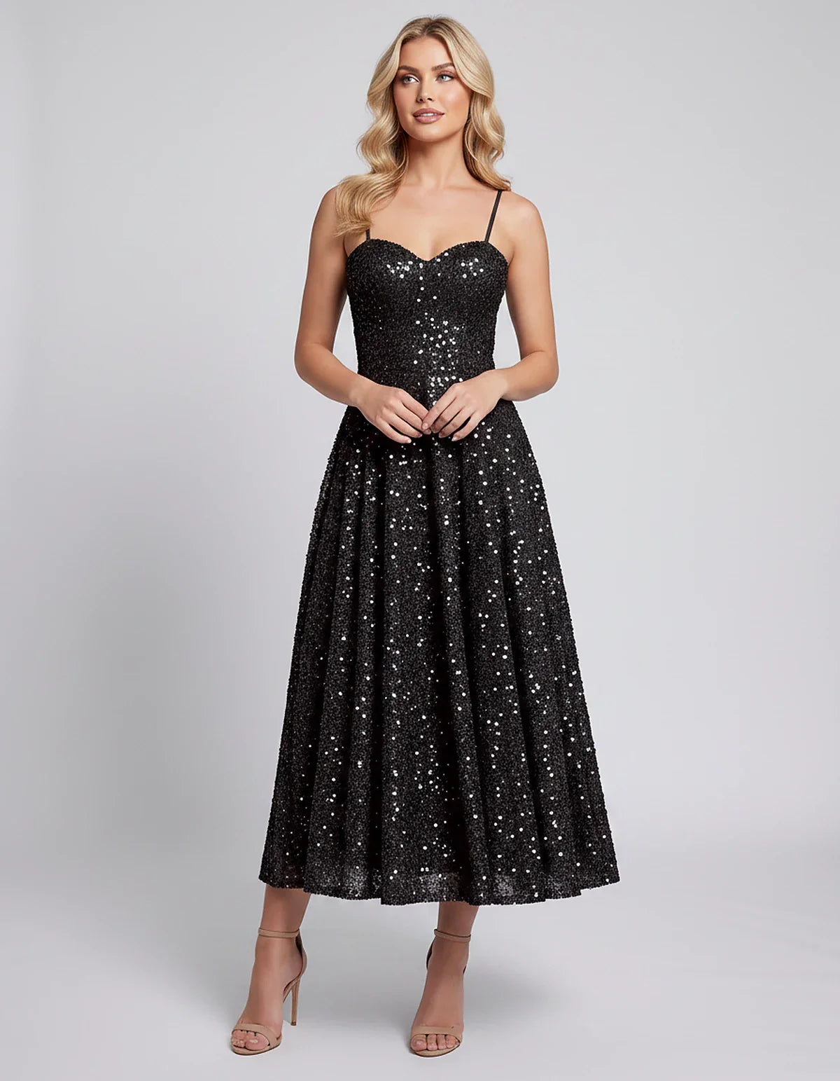 Sequin Spaghetti Strap Sweetheart A-Line Midi Dress with Pockets for Party, Cocktail, Evening, Wedding Guest, Graduation & Su | SKU: CLD-739582046193857-BLACK-L,CLD-739582046193857-BLACK-M,CLD-739582046193857-BLACK-S,CLD-739582046193857-BLACK-XL,CLD-739582046193857-BLACK-XS