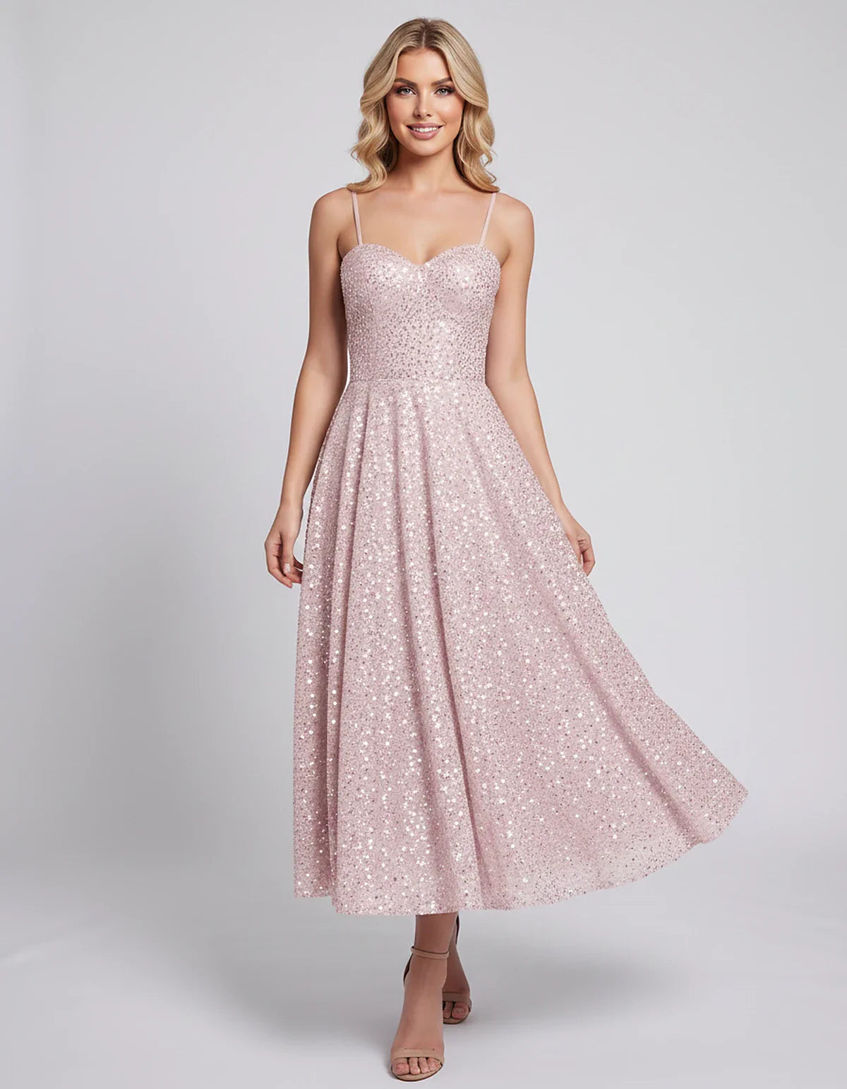Sequin Spaghetti Strap Sweetheart A-Line Midi Dress with Pockets for Party, Cocktail, Evening, Wedding Guest, Graduation & Su | SKU: CLD-739582046193857-PINK-L,CLD-739582046193857-PINK-M,CLD-739582046193857-PINK-S,CLD-739582046193857-PINK-XL,CLD-739582046193857-PINK-XS