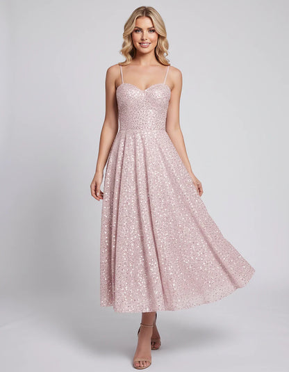 Sequin Spaghetti Strap Sweetheart A-Line Midi Dress with Pockets for Party, Cocktail, Evening, Wedding Guest, Graduation & Su | SKU: CLD-739582046193857-PINK-L,CLD-739582046193857-PINK-M,CLD-739582046193857-PINK-S,CLD-739582046193857-PINK-XL,CLD-739582046193857-PINK-XS