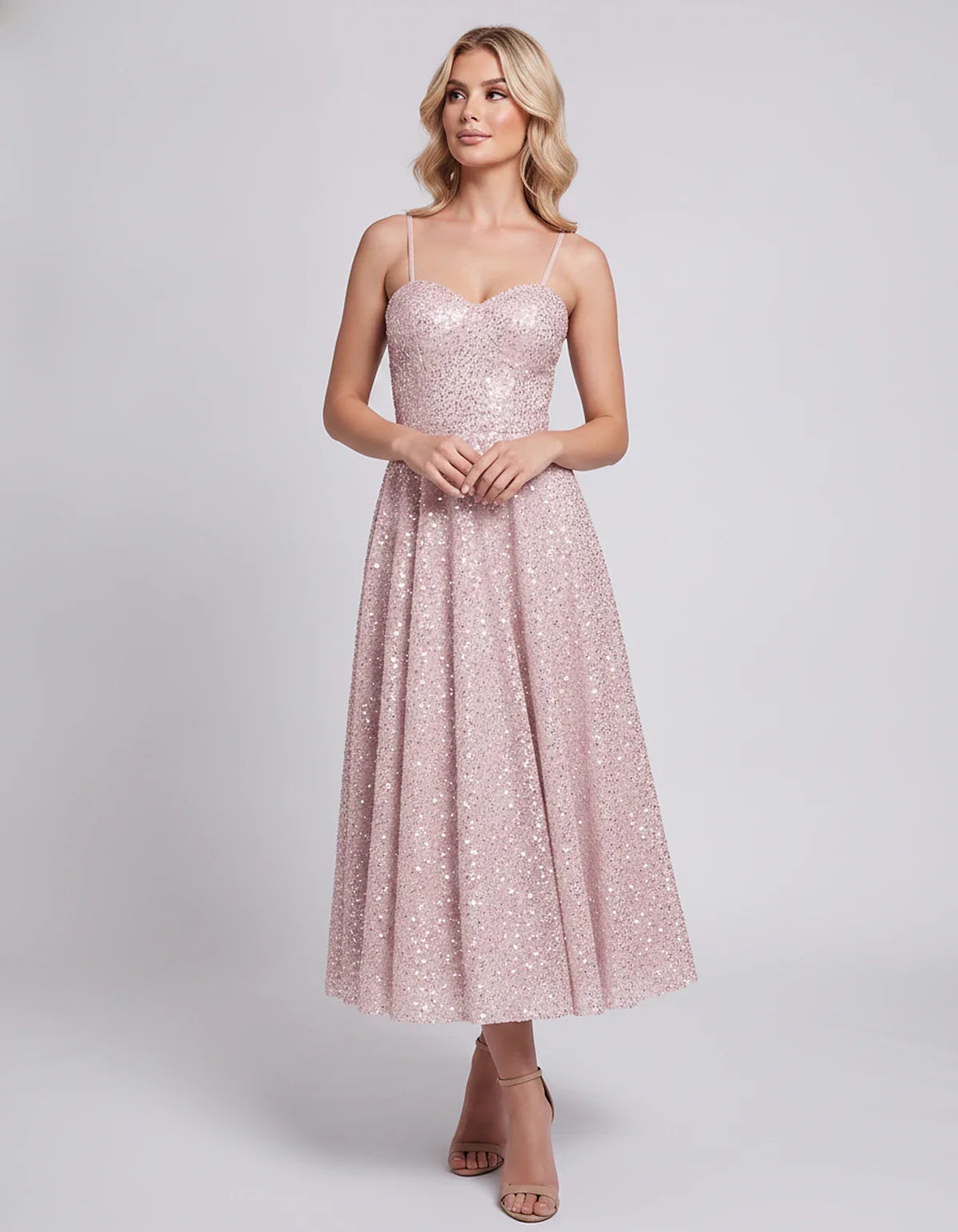 Sequin Spaghetti Strap Sweetheart A-Line Midi Dress with Pockets for Party, Cocktail, Evening, Wedding Guest, Graduation & Su | SKU: CLD-739582046193857-PINK-L,CLD-739582046193857-PINK-M,CLD-739582046193857-PINK-S,CLD-739582046193857-PINK-XL,CLD-739582046193857-PINK-XS