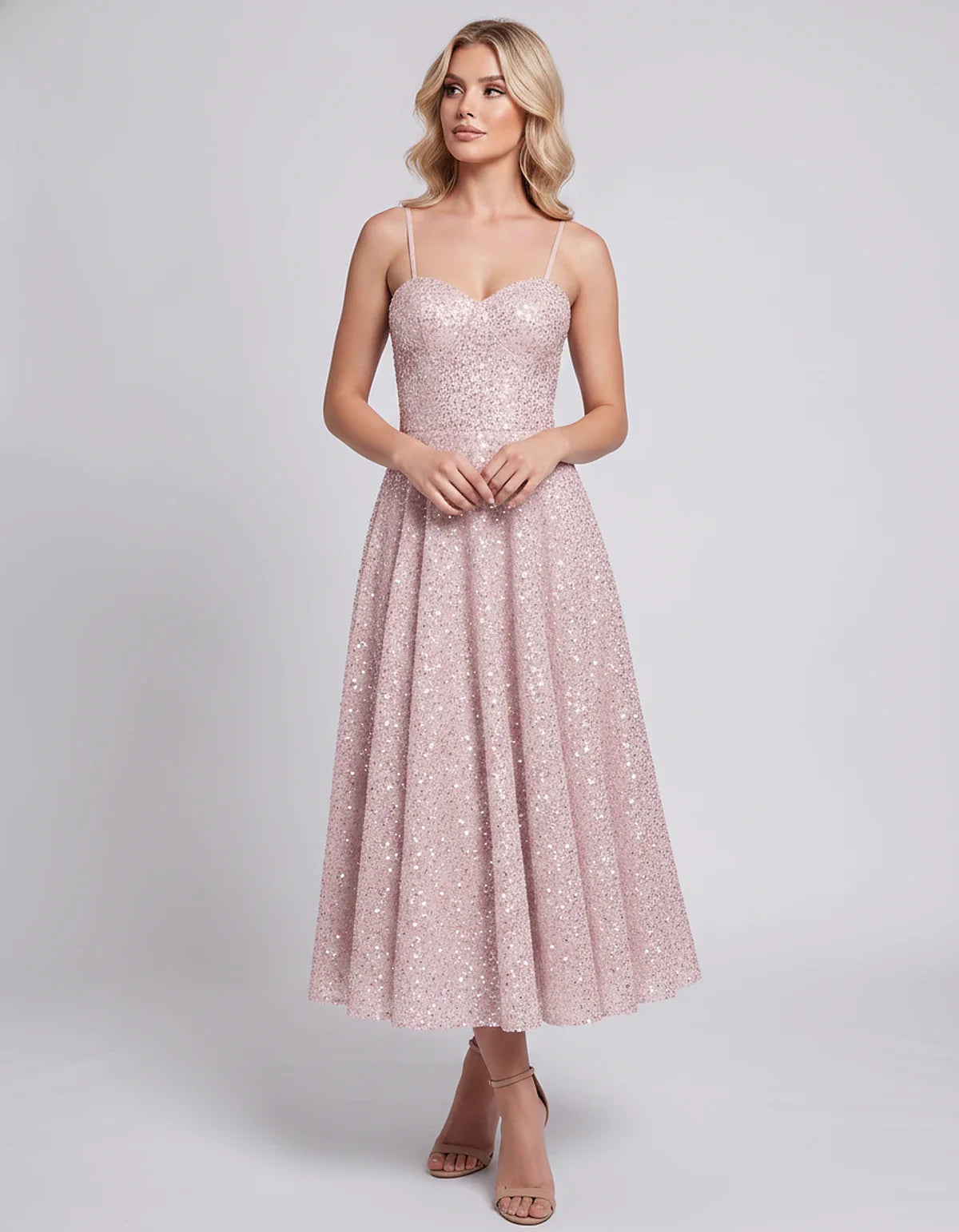 Sequin Spaghetti Strap Sweetheart A-Line Midi Dress with Pockets for Party, Cocktail, Evening, Wedding Guest, Graduation & Su | SKU: CLD-739582046193857-PINK-L,CLD-739582046193857-PINK-M,CLD-739582046193857-PINK-S,CLD-739582046193857-PINK-XL,CLD-739582046193857-PINK-XS