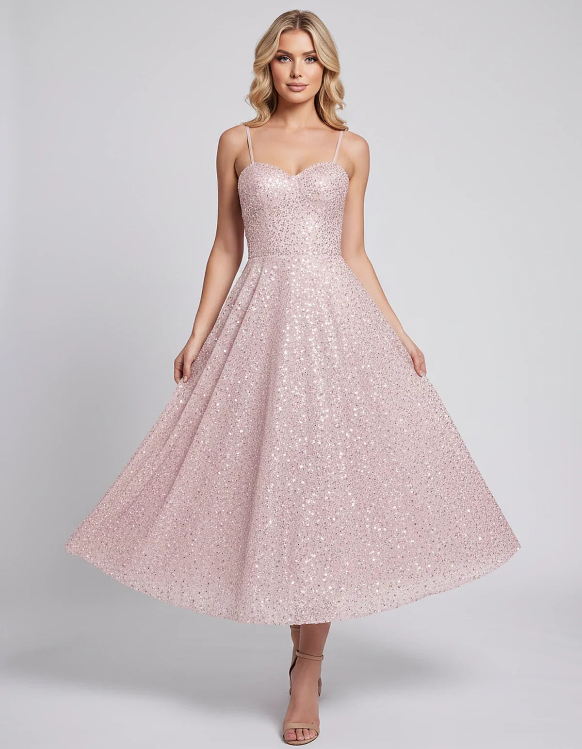 Sequin Spaghetti Strap Sweetheart A-Line Midi Dress with Pockets for Party, Cocktail, Evening, Wedding Guest, Graduation & Su | SKU: CLD-739582046193857-PINK-L,CLD-739582046193857-PINK-M,CLD-739582046193857-PINK-S,CLD-739582046193857-PINK-XL,CLD-739582046193857-PINK-XS