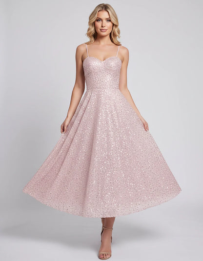 Sequin Spaghetti Strap Sweetheart A-Line Midi Dress with Pockets for Party, Cocktail, Evening, Wedding Guest, Graduation & Su | SKU: CLD-739582046193857-PINK-L,CLD-739582046193857-PINK-M,CLD-739582046193857-PINK-S,CLD-739582046193857-PINK-XL,CLD-739582046193857-PINK-XS