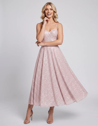 Sequin Spaghetti Strap Sweetheart A-Line Midi Dress with Pockets for Party, Cocktail, Evening, Wedding Guest, Graduation & Su | SKU: CLD-739582046193857-PINK-L,CLD-739582046193857-PINK-M,CLD-739582046193857-PINK-S,CLD-739582046193857-PINK-XL,CLD-739582046193857-PINK-XS